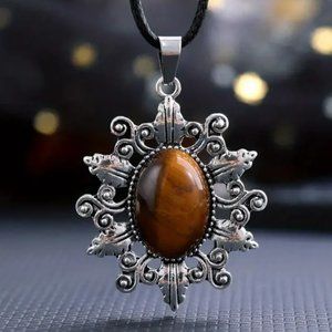 Tiger Eye Natural Stone Sunflower Pendant Hollow Pattern Gemstone Necklace